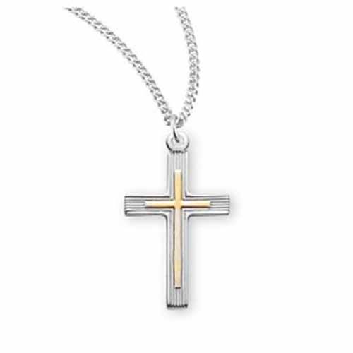 Sterling Silver Gold Plated Cross on 18" Rhodium Chain 147-S3703TT18 Communion Jewelry