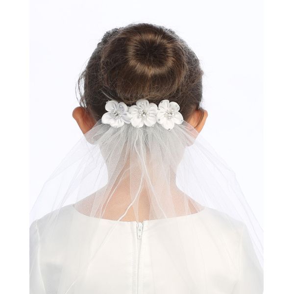 Communion 18" Veil + Satin Flowers + Rhinestones (T-49)