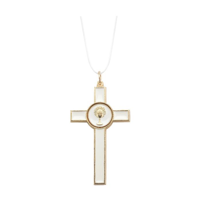 Communion 3 Inch White Enameled Gold Cross 12-2080