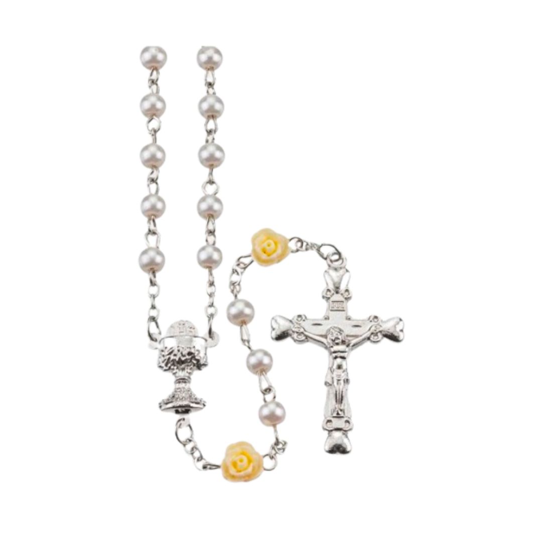 Communion Rosary 5mm Faux Pearl and White Flower Bead 12-1199WT