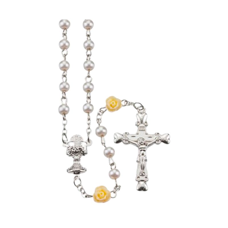 Communion Rosary 5mm Faux Pearl and White Flower Bead 12-1199WT