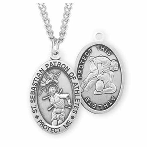 St. Sebastian Oval Sports Medal Wrestling in Sterling Silver, S605124
