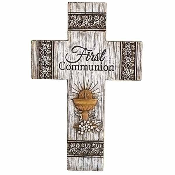 Distressed First Communion Wall Cross has a Chalice, Host & Grapes design.  First Communion Wall Cr…