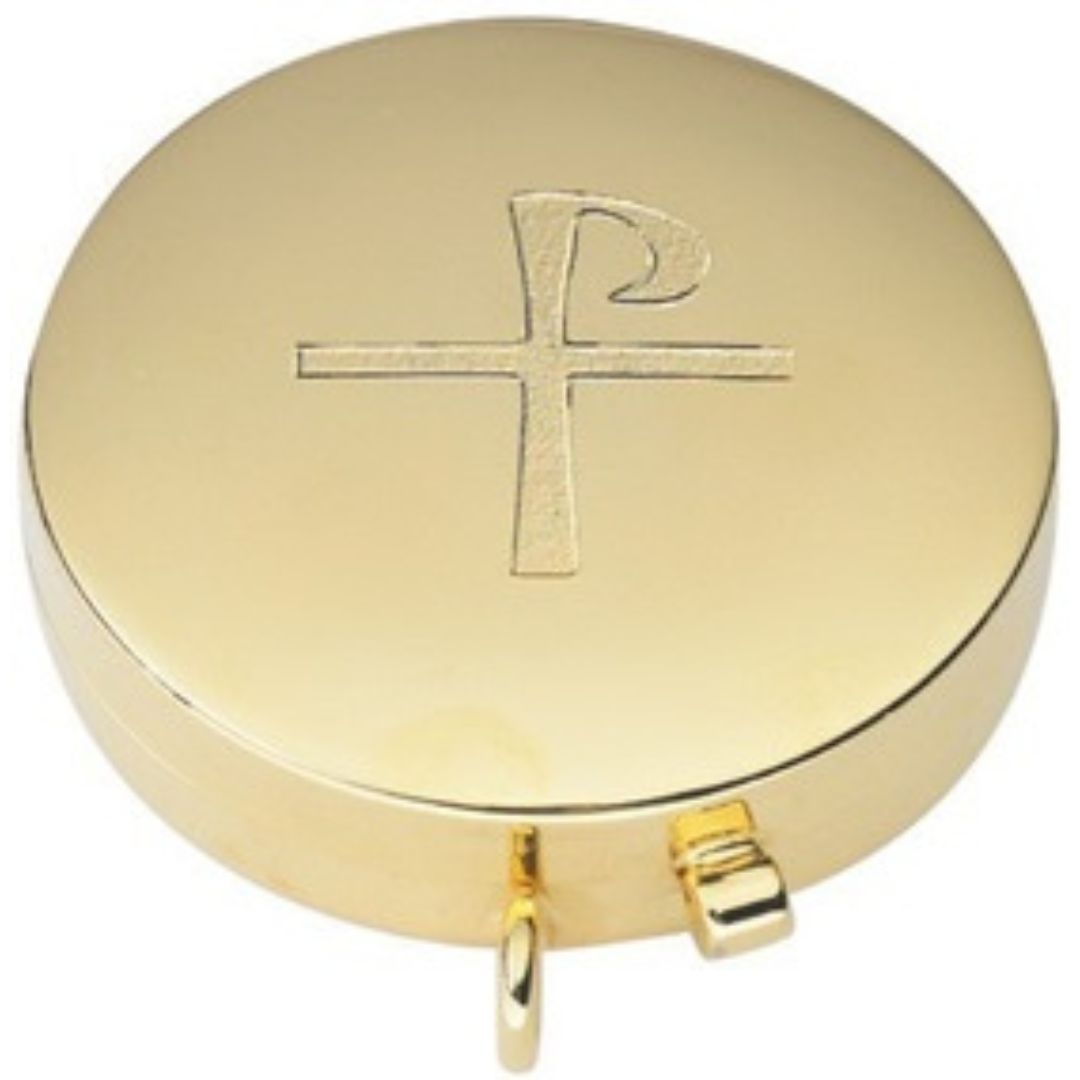 Church Supplies: This is a 24 Kt Gold Plate Pyx with a simple Chi Rho Cross Design Engraved on Lid …