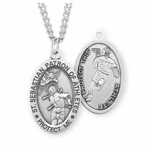 St. Sebastian Oval Sports Medal Lacrosse in Sterling Silver, S605024