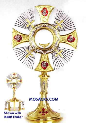 Monstrance Four Evangelists 18" H holds 2-3/4" Host K678 Red Enamel Crosses on Base Monstrance Gold…