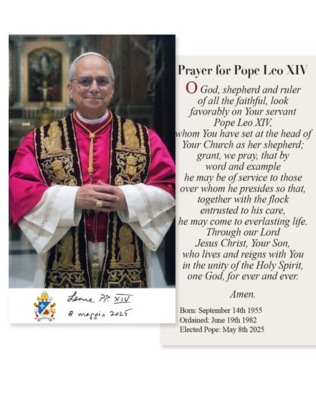 Pope Leo XIV Official Portriat PAPER Praying Card In English Pope Leo XIV Official Portriat PAPER Praying Card In English