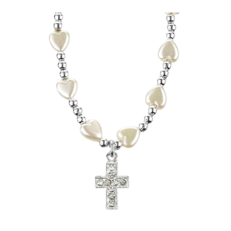 Communion Heart Shaped Faux Pearl Zirconia Cross 16" Necklace 12-1728606