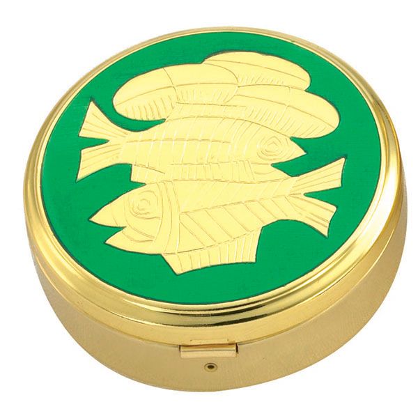 Pyx Gold Plate Fish with Green 45 Host 3-3/8 x 1-1/4 - 3253G/G Alviti Alviti Creations Church Supplies Pyx Gold Plate Loaves and Fishes on Green, 45 Host, 3 3/8x1 1/4" -…