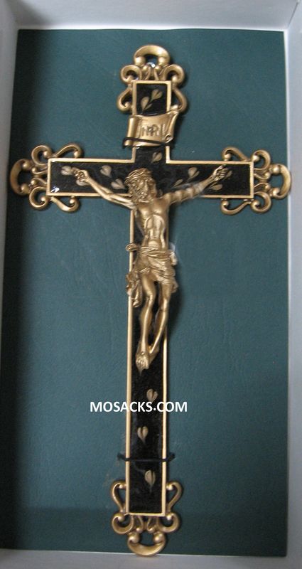 10" Crucifix has a Gold Cross with Filigree ends and a Brown Floral Epoxy inlay.  The Gold Corpus c…