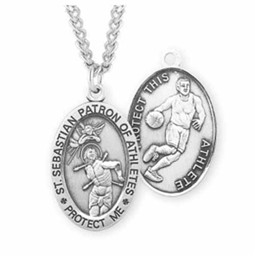 St. Sebastian Oval Sports Medal Basketball in Sterling Silver, S604420