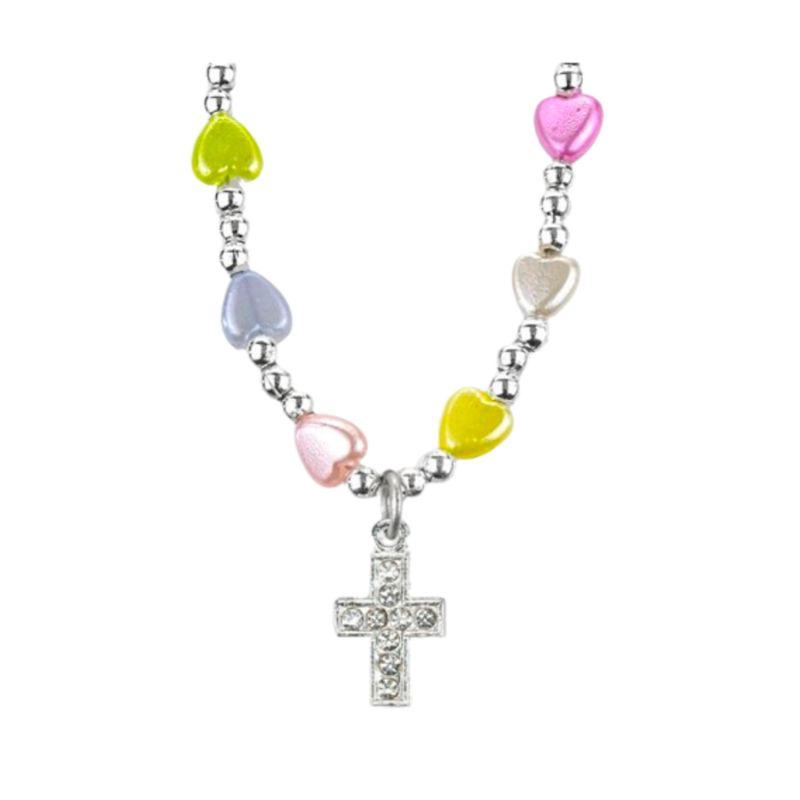 Multi Color Heart Shaped Faux Pearl 16" Necklace with Silver Seed Beads and Silver Cubic Zirconia C…