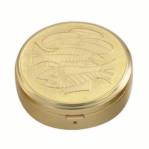 Pyx Gold Plate Fish 45 Host 3-3/8 x 1-1/4 - (421-3254G) Alviti Creations Church Supplies Pyx Gold Plate Loaves and Fishes, 45 Host, 3 3.8x1 1/8" - 3254G Al…