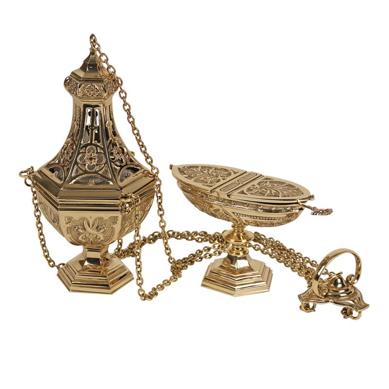 K Brand Censer and Boat Polished Brass 10-3/4" High K907 4-Chain Censer with Boat