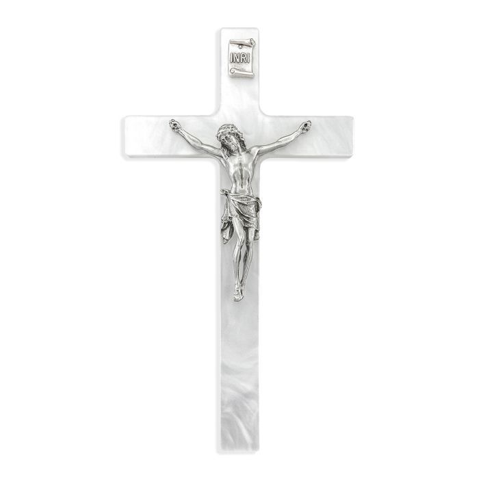 7 White Pearlized Crucifix 7" White Pearlized Cross with Genuine Pewter Corpus of Jesus is a 7" White Pearlized Crucifix