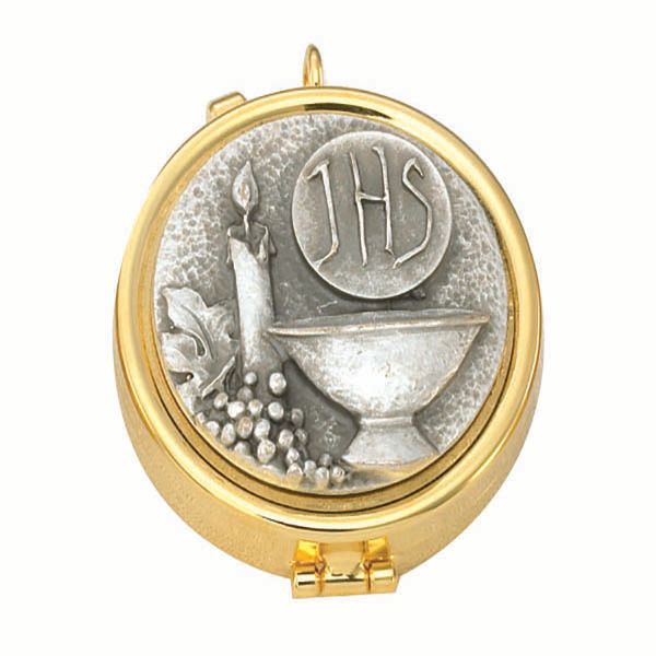Pyx Gold Plate with Silver Host Chalice 7 Host 2-1/8 x 5/8-2012G Alvti 24 Kt Gold Plate with Silver Candle, Host and Chalice Design Pyx with a 7 host capacity by Alviti C…