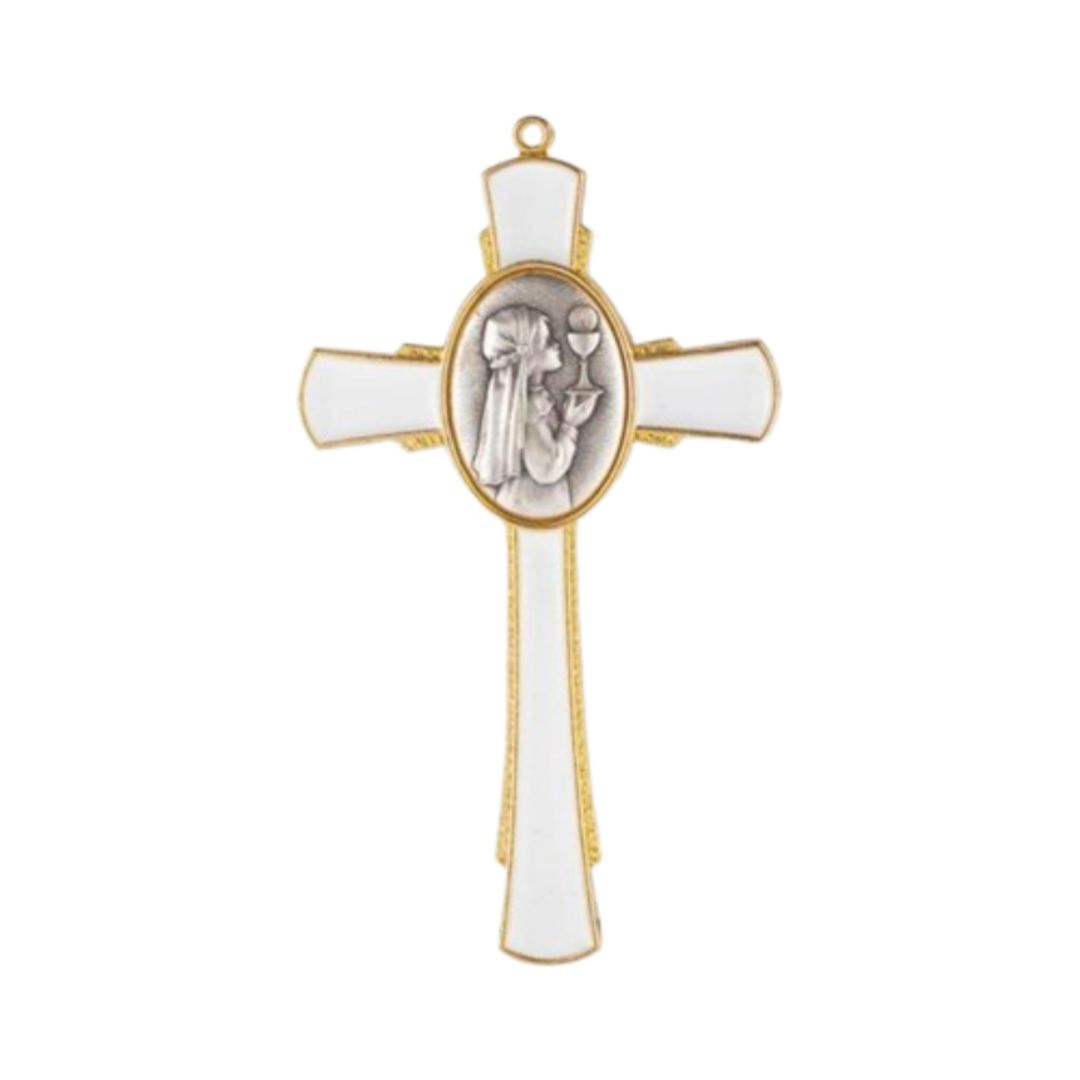 Communion White Enamel Gold Plated Finish Wall Cross with Antique Silver Girl holding Chalice & Hos…