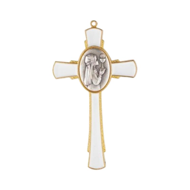 Communion White Enamel Gold Plated Finish Wall Cross with Antique Silver Girl holding Chalice & Hos…