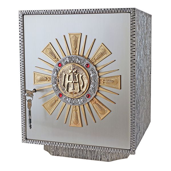 K657 Tabernacle IHS Adoration Window Tabernacle has Four Ruby Stones and is 15-1/4" H x 12" W x 12-…