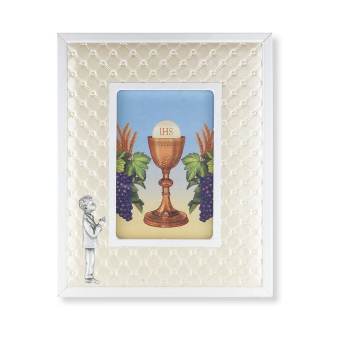 Communion Padded White Leatherette Communion Photo Frame with White Metal Border for Boy 4" x 6" Ph…
