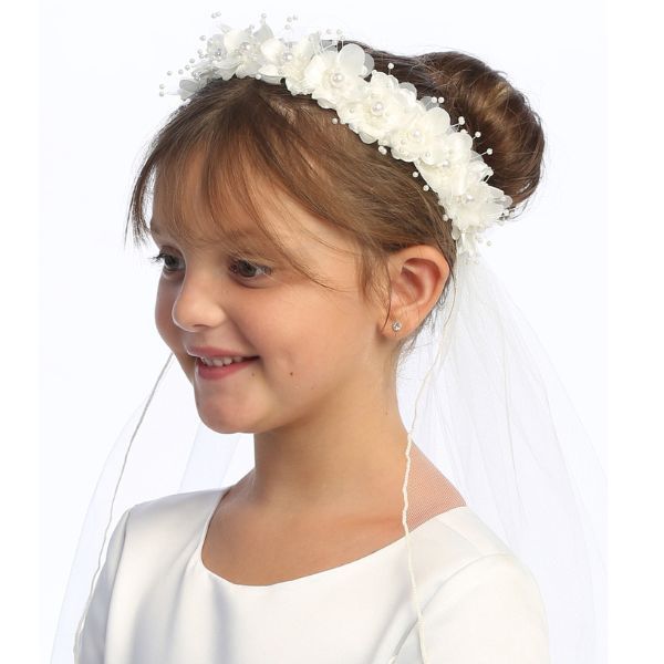 Communion 30" Veil with Flowers And Pearl accents-T-4 First Holy Communion 30" Veil with Flowers an…