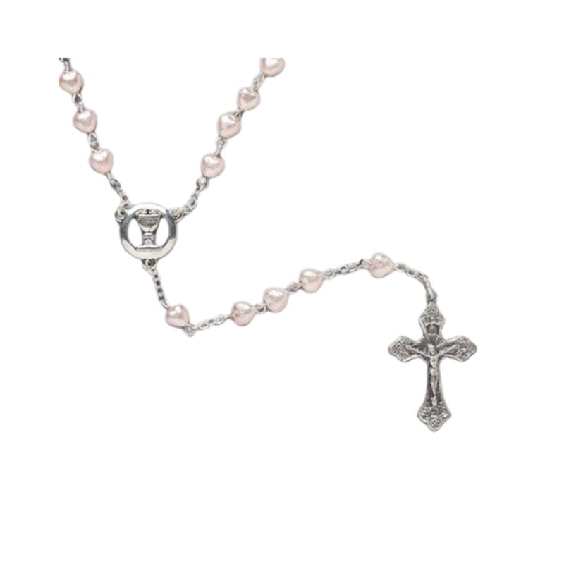 First Communion Heart Shaped Pink Heart Bead Rosary by Roman Inc. is an 18" long rosary with 6mm He…