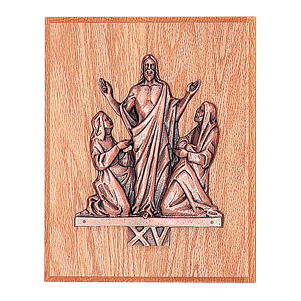 K379-15 Antique Bronze Finish Resurrection Station Of The Cross Wood Plaque