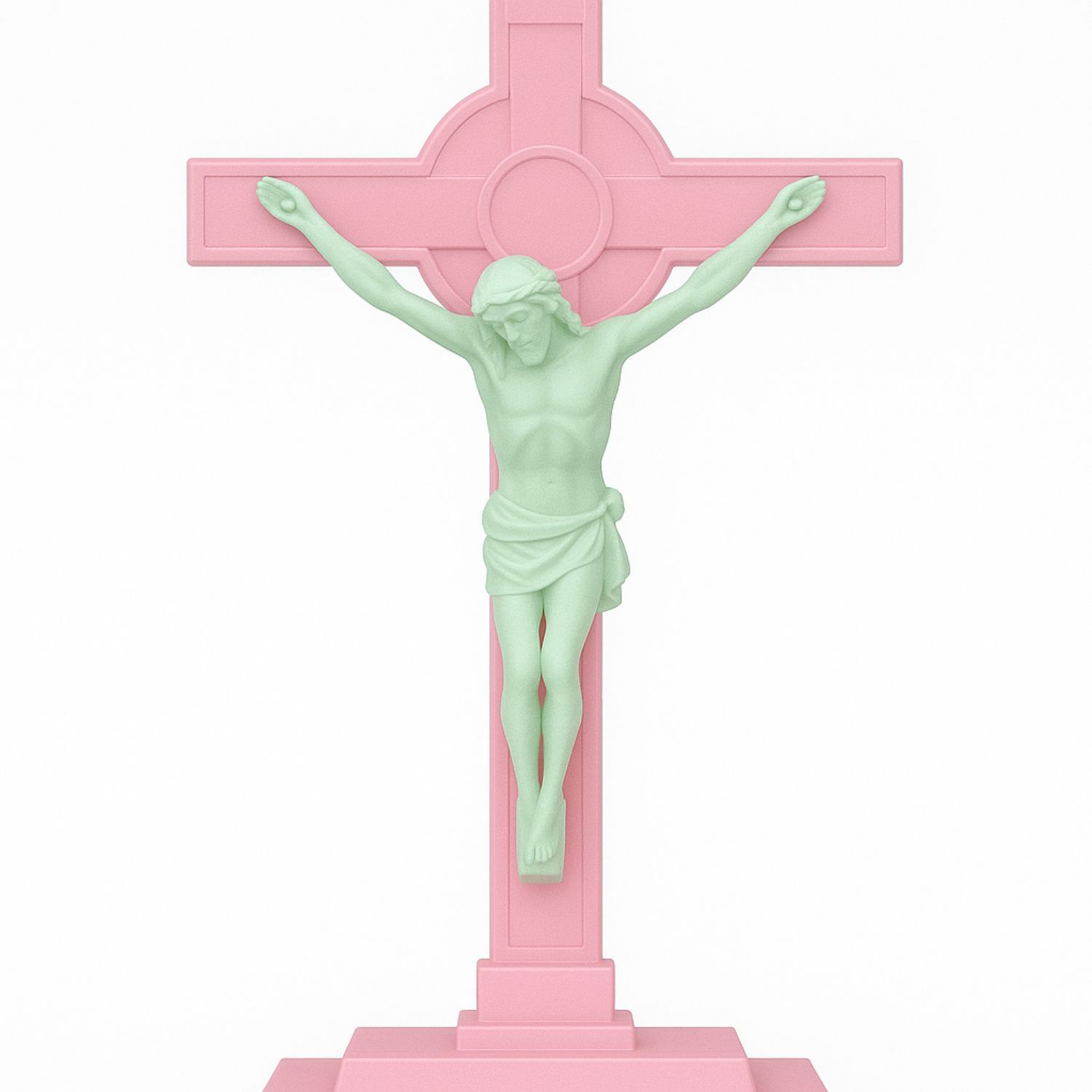 Pink and White 6" Sunburst Plastic Crucifix with Base 185-763PW-B