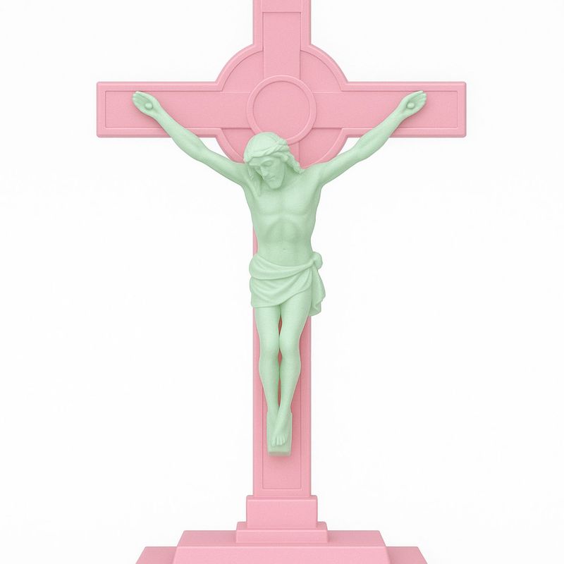 Pink and White 6" Sunburst Plastic Crucifix with Base 185-763PW-B
