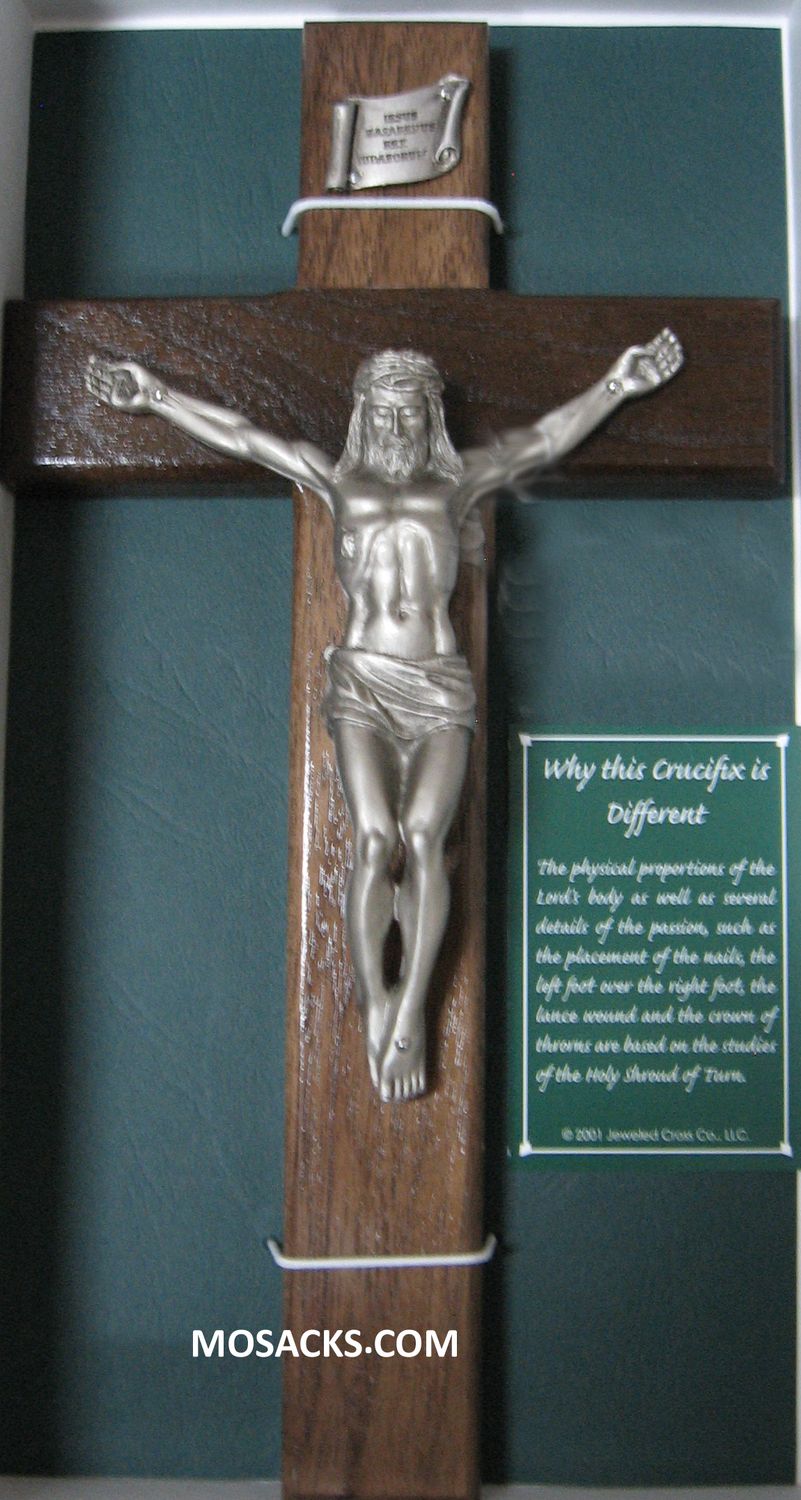 10" Shroud of Turin Crucifix in Walnut with Antique Pewter Corpus - JC73E is a wall crucifix