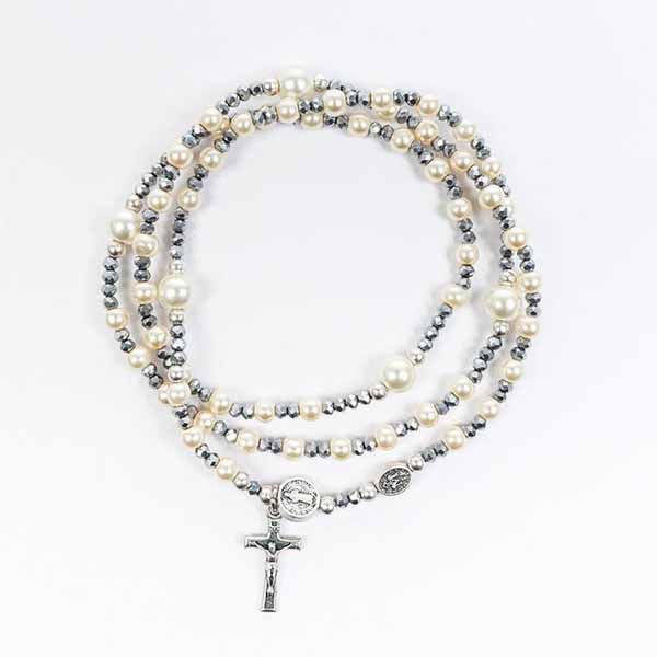 My Saint My Hero Rosary Wrap Pearl Silver Bracelet-48009RY