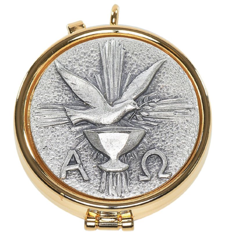 Pyx Gold Plate with Silver Dove, 7 Host, 2 1/8x5/8- 2023G Alviti Alviti Creations Church Supplies Pyx Gold Plate Silver Dove, 7 Host, 2 1/x5/8" - 2023G Alviti Churc…