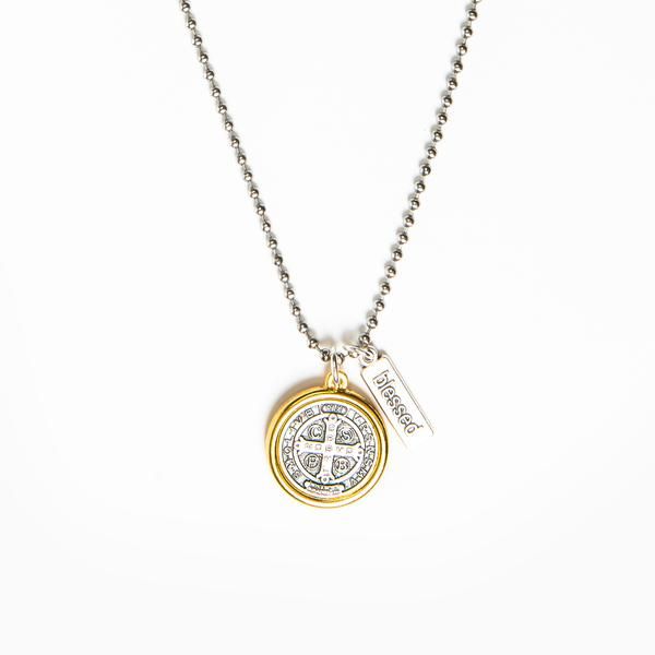 My Saint My Hero Benedictine Blessing Gold Rim Necklace--36001MX