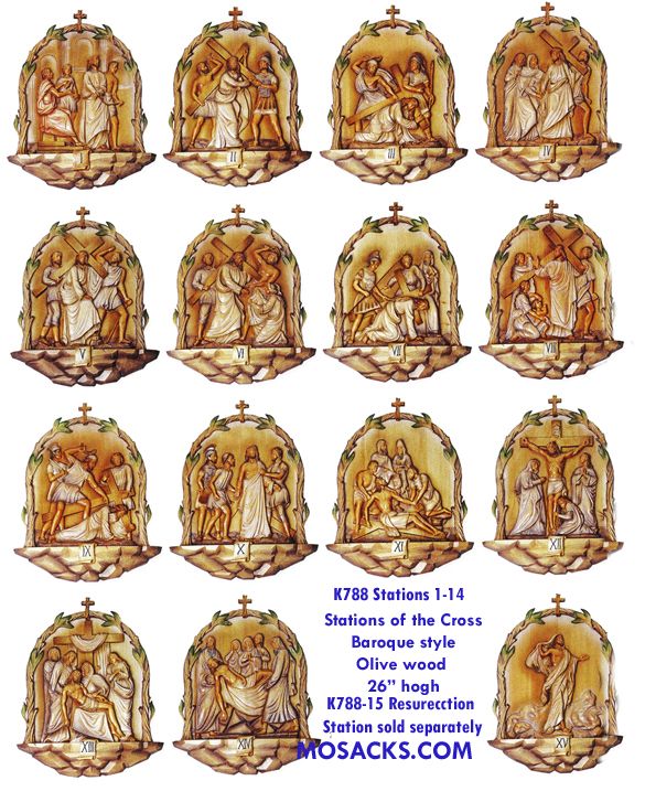 K788 Olive Wood 14 Stations Of The Cross Baroque Style