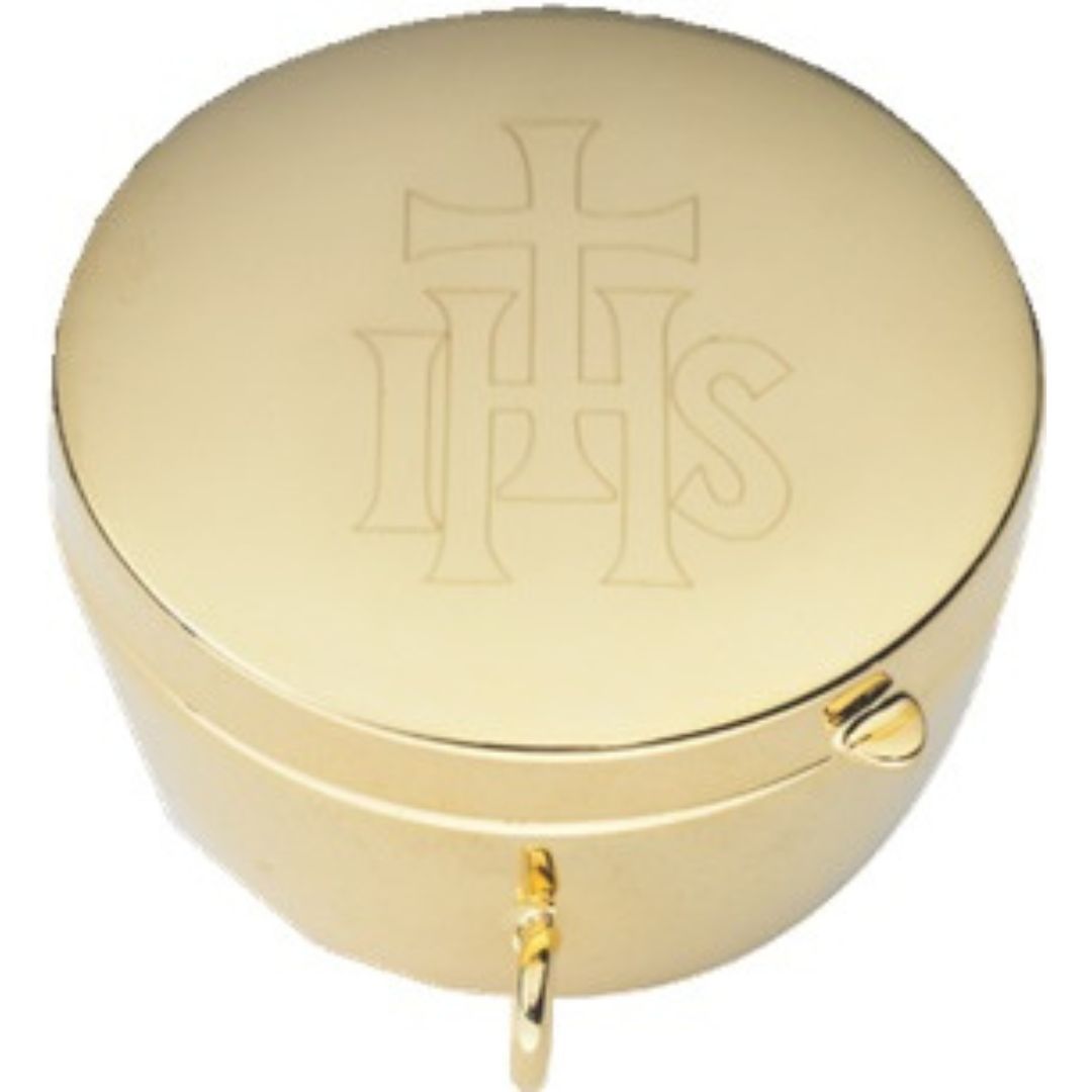 Church Supplies: This is a 24 Kt Gold Plate IHS & Cross design Pyx with a 15 Host capacity by Alvit…