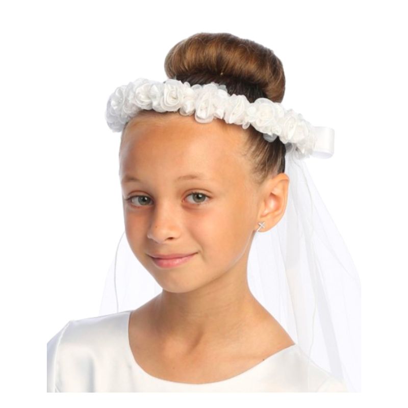 Communion 30" Veil + Satin Flowers + Bow (T-12)