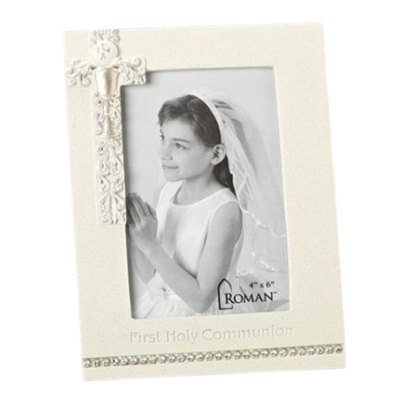 First Holy Communion Frame with White Cross and Chalice Design holds a 4" x 6" photo, Communion Fra…