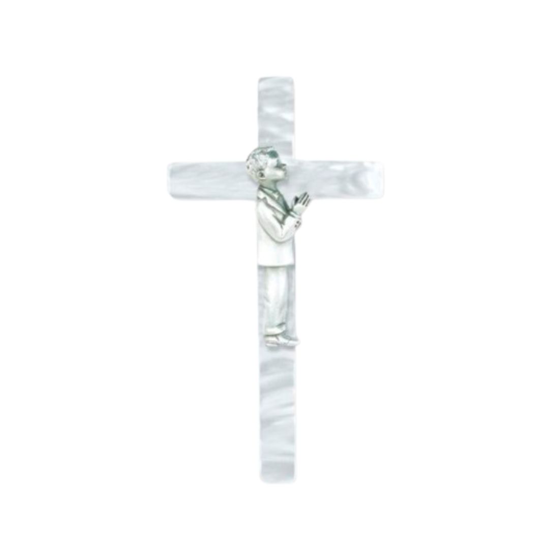 Communion 7 Inch Pearlized White Cross with Pewter Boy Figure 12-83B-7WP ?Communion Cross