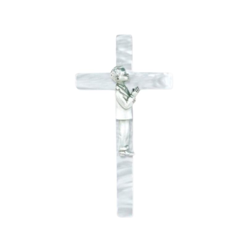 Communion 7 Inch Pearlized White Cross with Pewter Boy Figure 12-83B-7WP ?Communion Cross