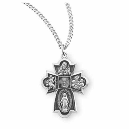 Sterling Silver Communion 4-Way Medal on 18" Rhodium Chain 147-S1469/18, Communion Jewelry