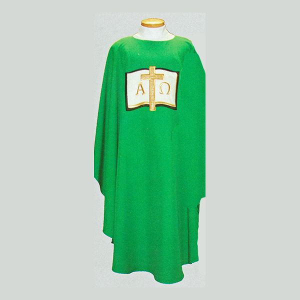 Beau Veste Cross and Alpha & Omega on Book design Chasuble-2015A Design is embroidered on the front…