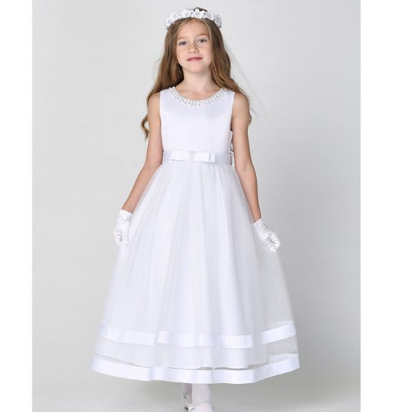 Communion Dress: Satin Bodice & Glitter Tulle Skirt (SP717)