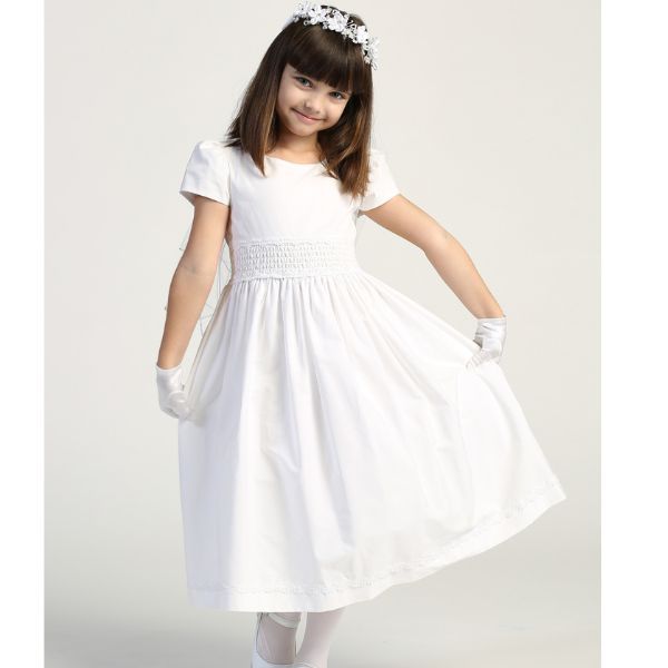 Communion Dress Cotton With Smocked Waistband Tea Length-SP108A First Holy Communion Dress Cotton W…