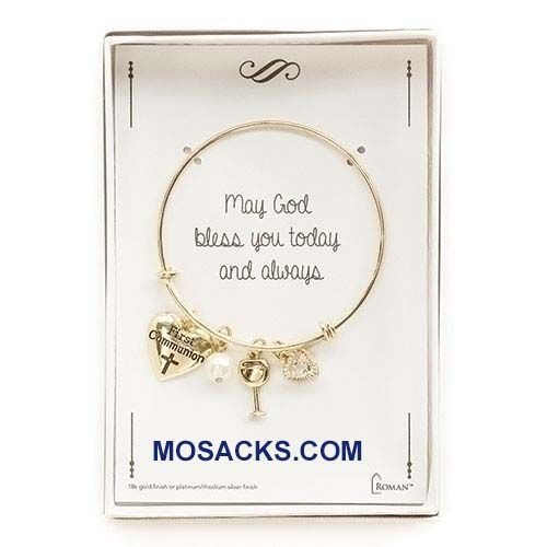 Communion Bangle Bracelet with Hearts, Chalice, and faux Pearl in Gold 12739