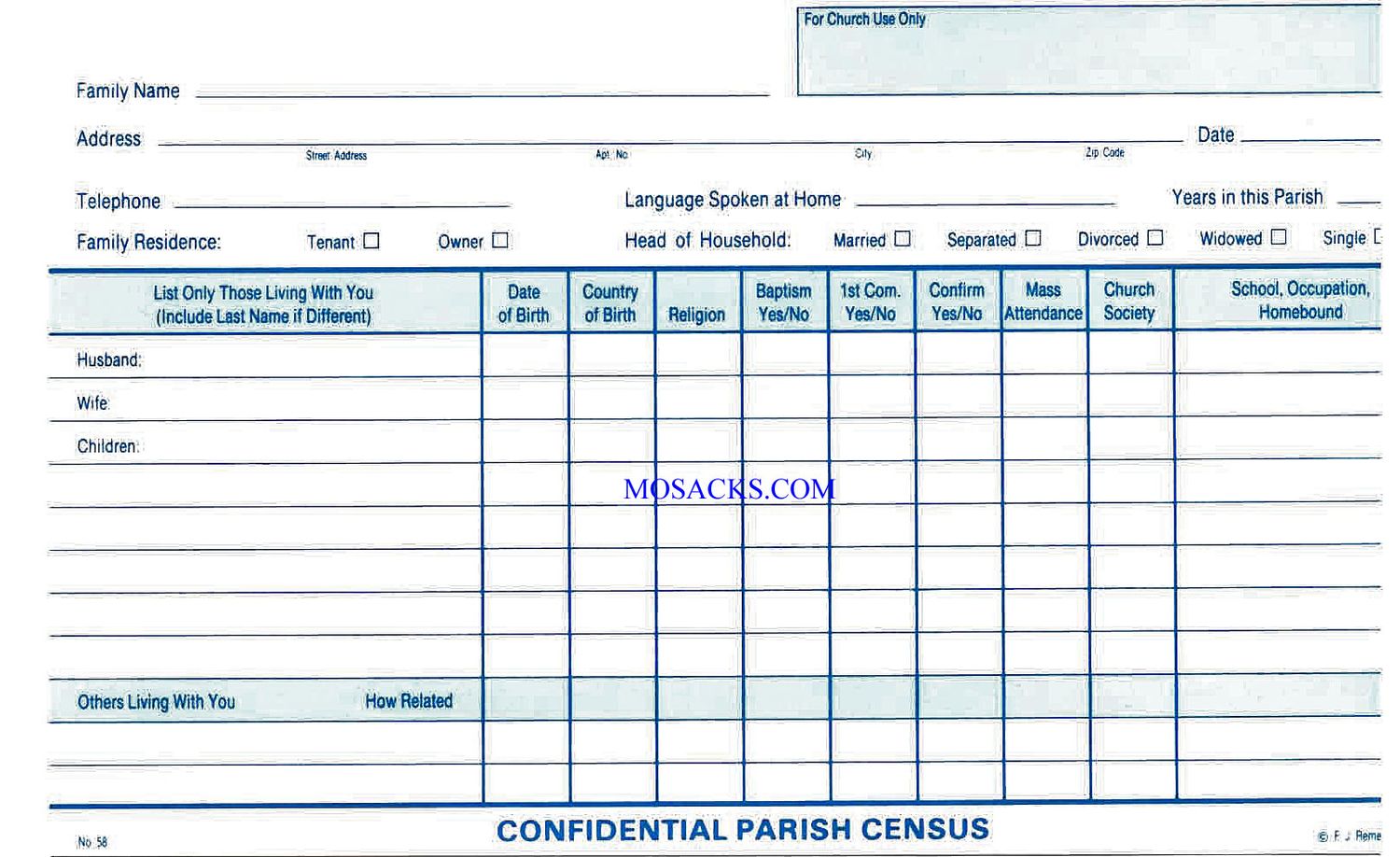 Parish Census Card No. 58 Church Census Card No. 58