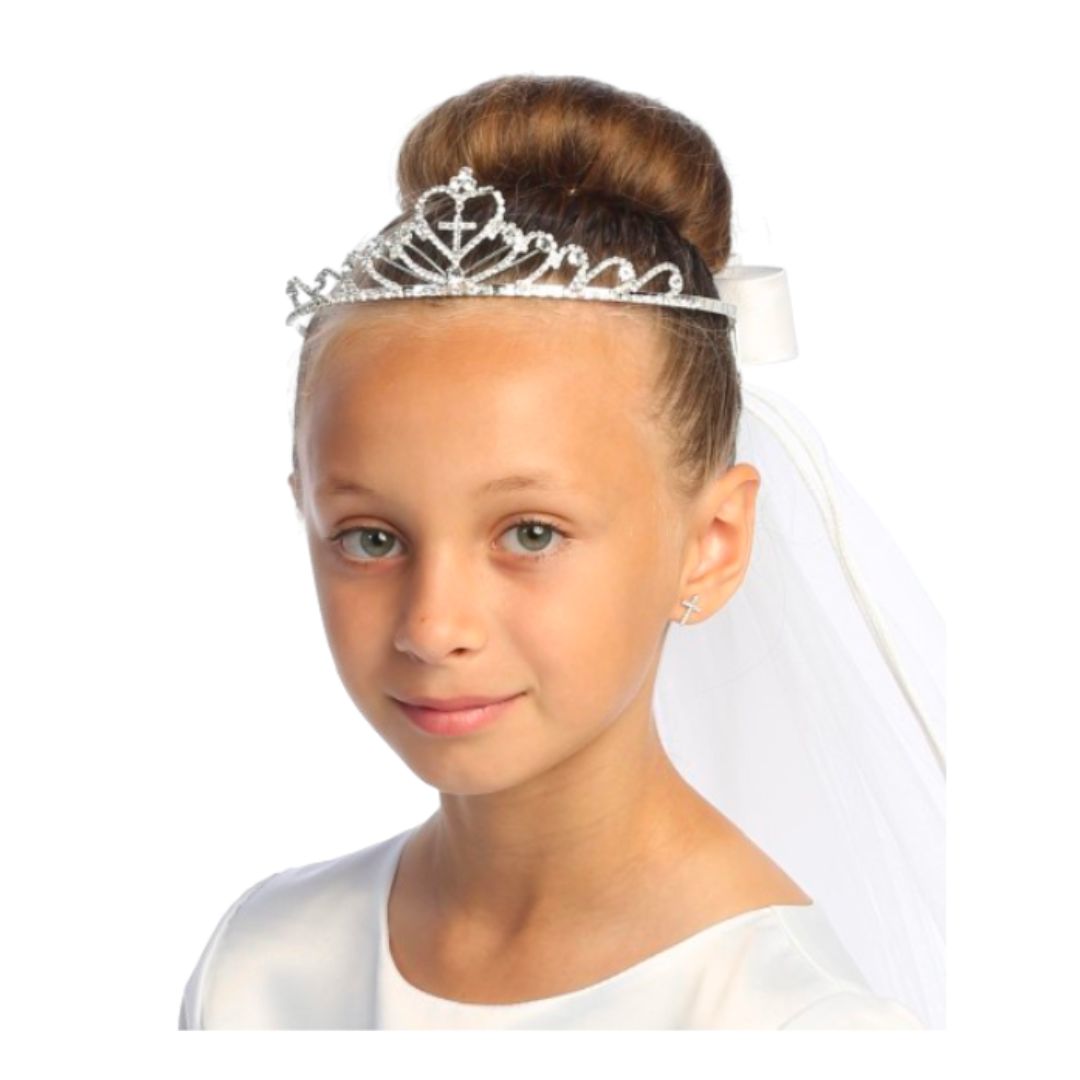 Communion 24 Veil + Rhinestone Tiara + Satin Bow Communion 24" Veil on Rhinestone Tiara with satin bow at the back-T-82 First Holy Communion 24" Vei…