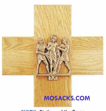 K378-G 24K Gold Plated 14 Stations Of The Cross on Oak Cross