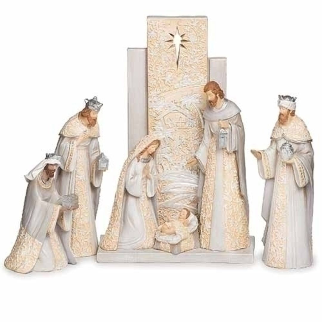 13" Ivory and Gray Nativity Set with Backdrop - 13563907500
