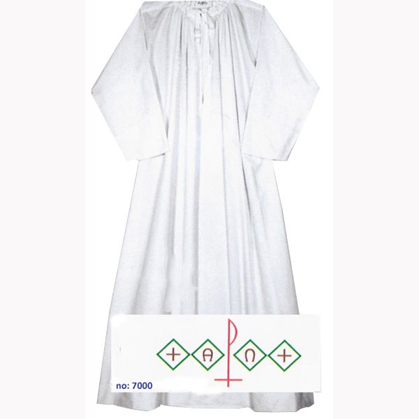 Beau Veste Alb with MultiColor Alpha Omega Embroidery - 7000 Beau Veste Alb with MultiColor Alpha Omega, Chi Rho & Cross Embroidery - 7000 Beau Veste Alb 7000