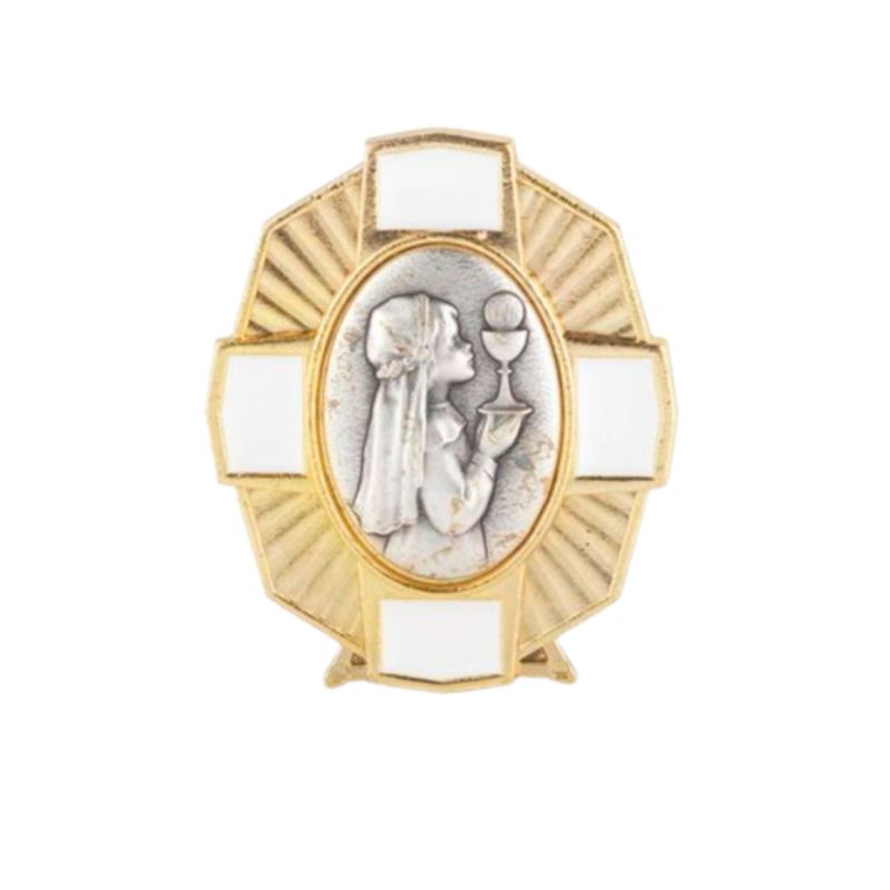 First Communion White Enamel with Antique Silver and Gold Plated Metal Stand with depiction of a Gi…